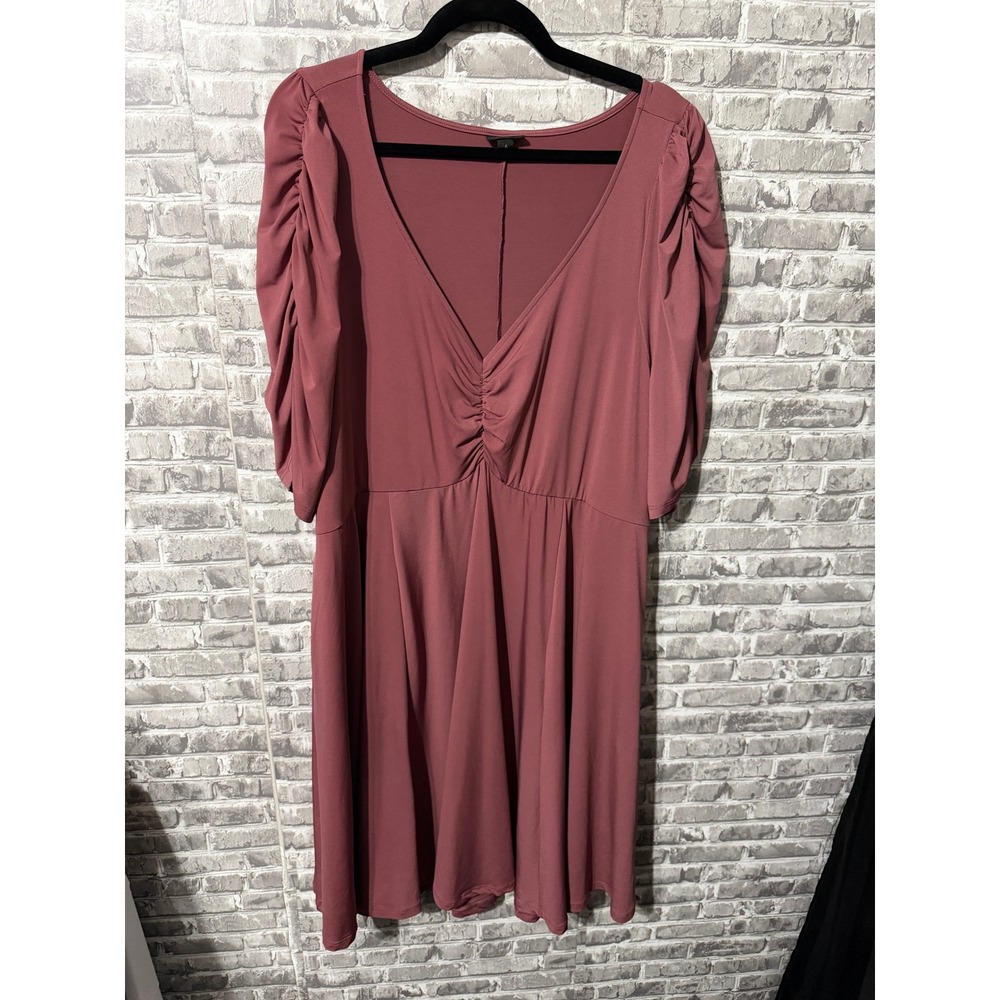 Torrid Rosewood Pink Ruched Puff Sleeve V-Neck Empire Waist Mini Dress Size 4 4X - Picture 2 of 5